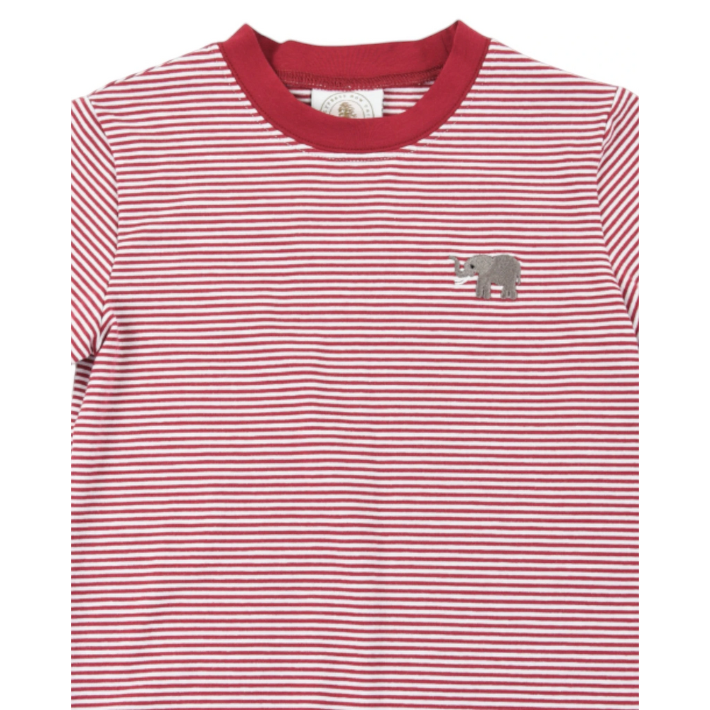 That Store boys crew tee in dark red and white stripes with an embroidered elephant detail on the chest.