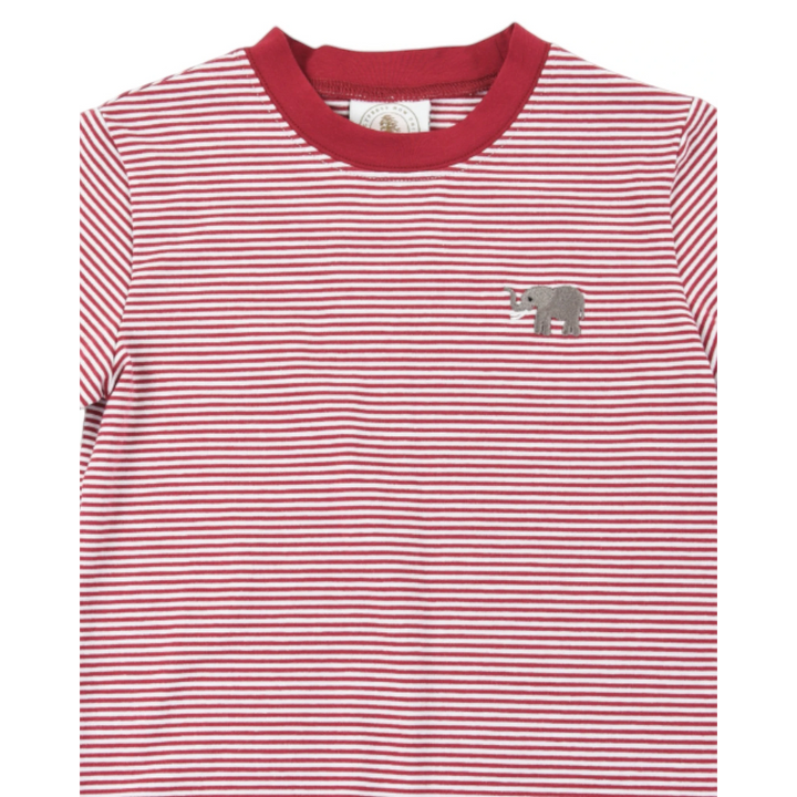 That Store boys crew tee in dark red and white stripes with an embroidered elephant detail on the chest.
