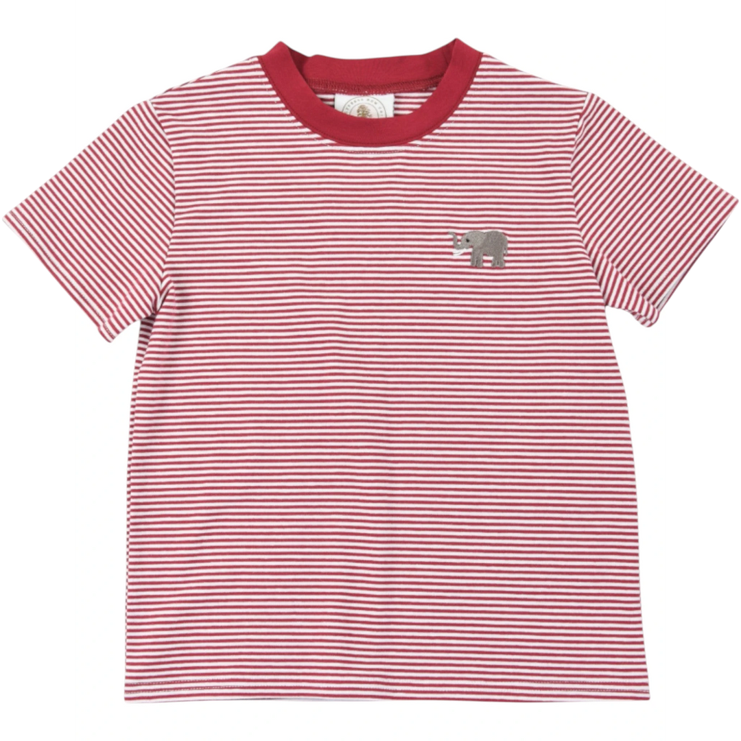 That Store boys crew tee in dark red and white stripes with an embroidered elephant detail on the chest.