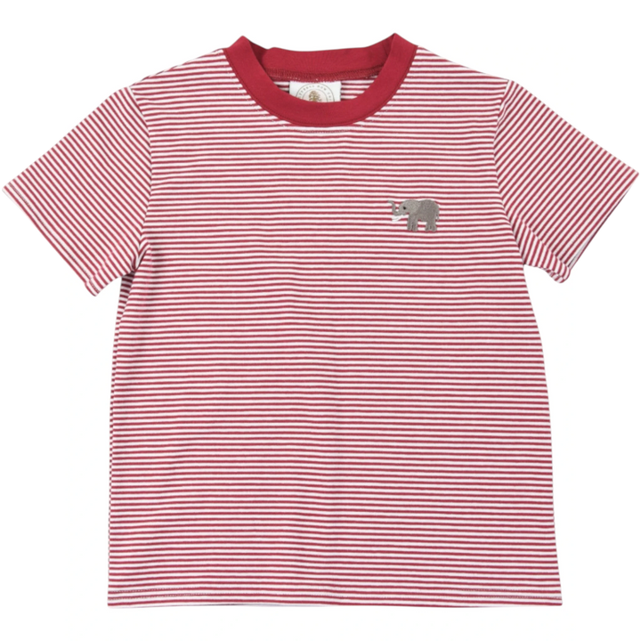 That Store boys crew tee in dark red and white stripes with an embroidered elephant detail on the chest.