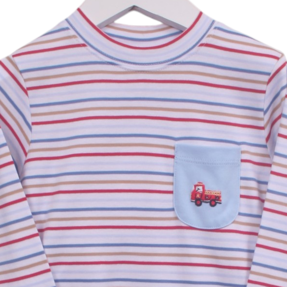 That Store boys long sleeve shirt in multi-stripe Pima cotton with a light blue pocket featuring firetruck embroidery