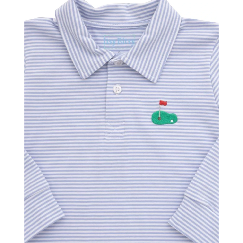 That Store boys long sleeve polo in blue and white stripes with a small embroidered golf green and flag detail.