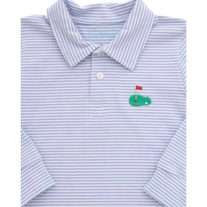 That Store boys long sleeve polo in blue and white stripes with a small embroidered golf green and flag detail.