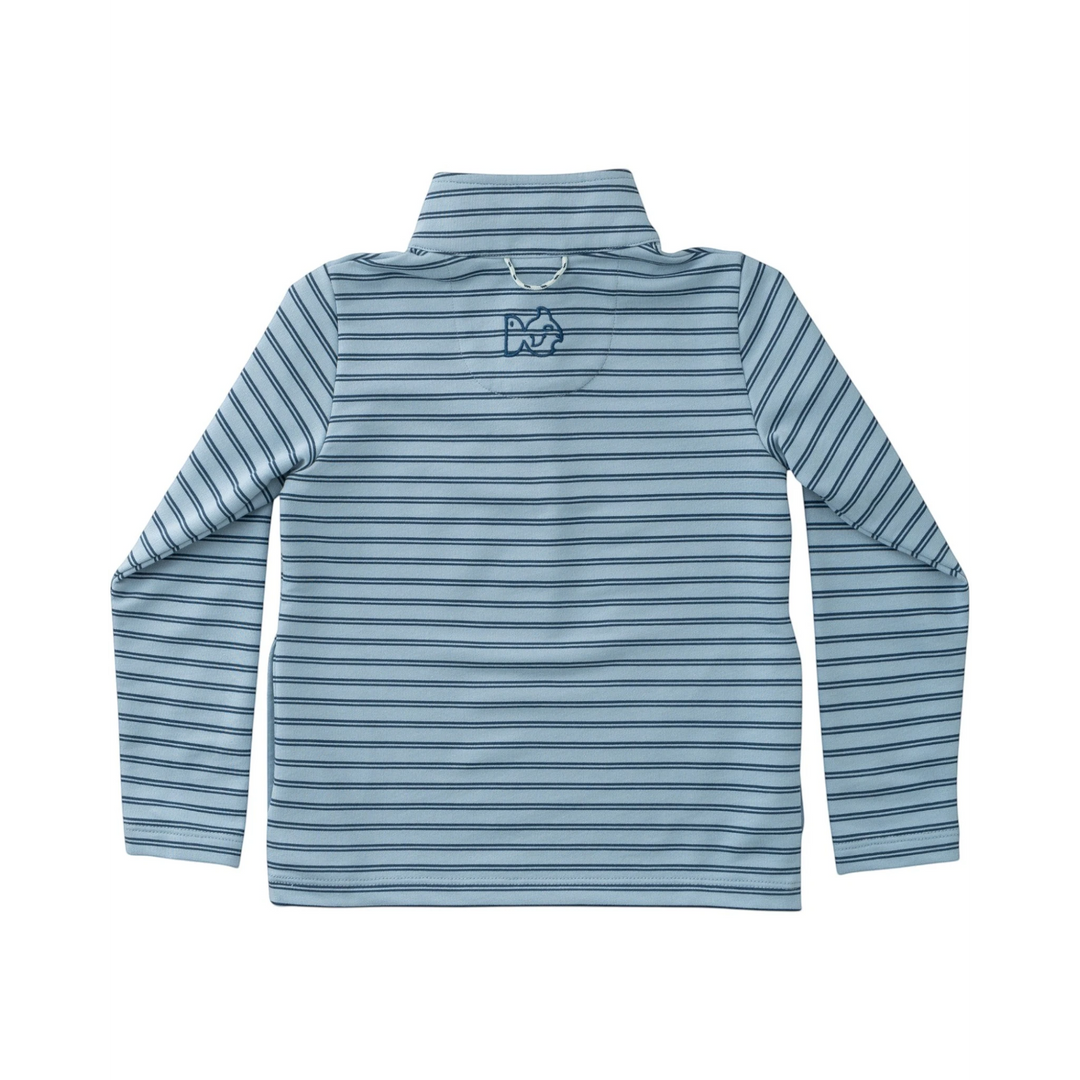 That Store boys sporty snap pullover in ashley blue dark denim stripe with back fish logo embroidery