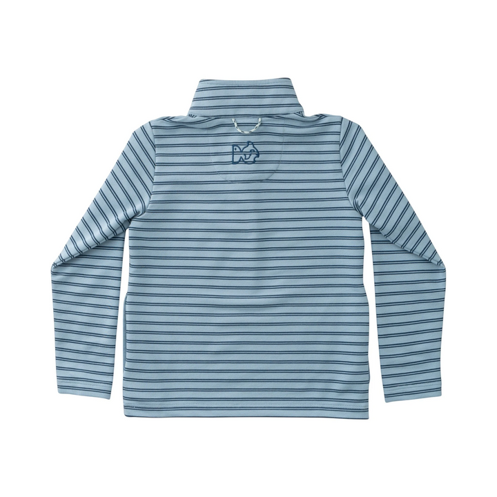 That Store boys sporty snap pullover in ashley blue dark denim stripe with back fish logo embroidery