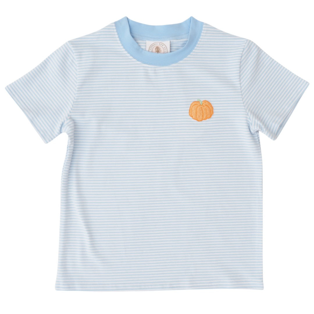 That Store boys blue and white striped t-shirt featuring a small embroidered orange pumpkin on the chest