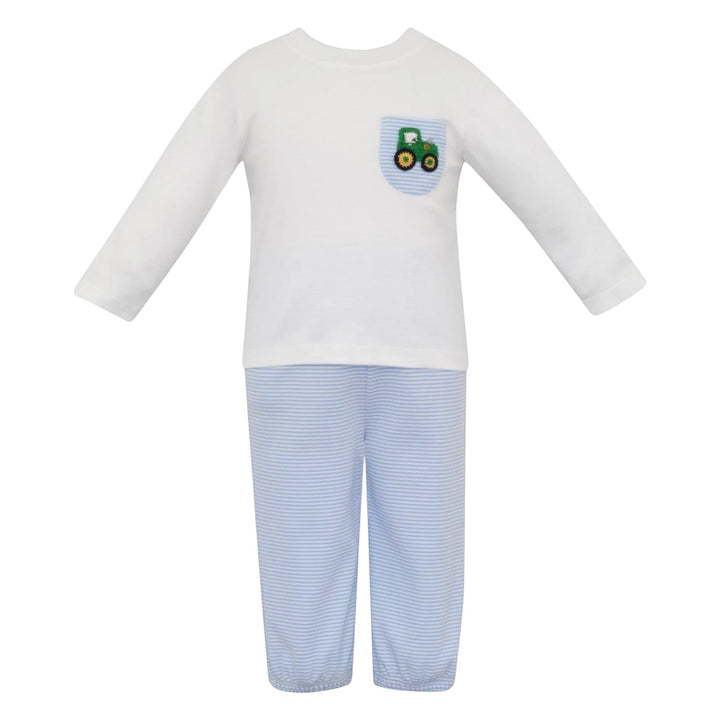 That Store boys cotton pants set featuring a white long-sleeve shirt with a crocheted tractor pocket and blue stripes