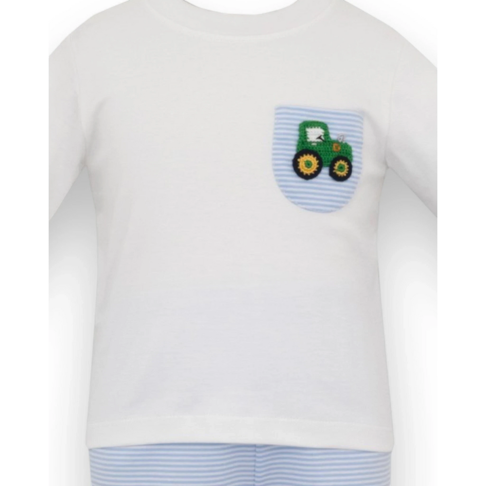 That Store boys white long-sleeve shirt with a blue striped pocket featuring a handmade green crocheted tractor
