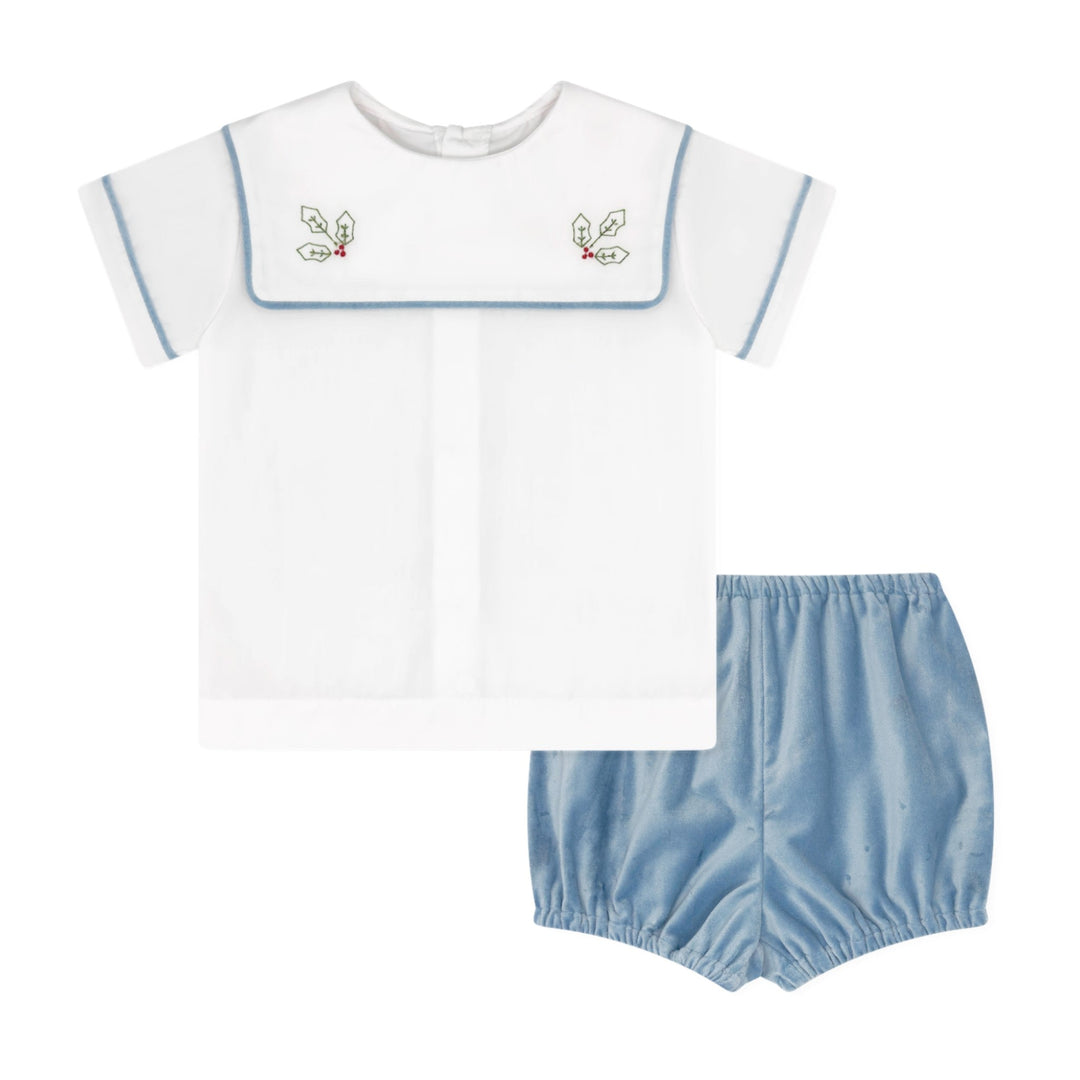 That Store boys Christmas set featuring a white shirt with holly embroidery and blue velvet bloomers