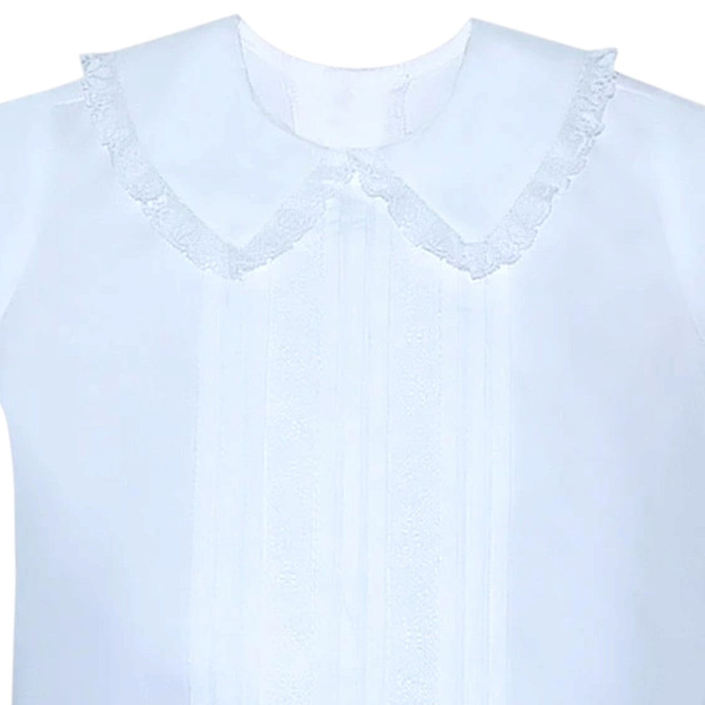 That Store Phoenix & Ren boys white shirt with Peter Pan collar, blue lace trim, and pintuck details for formal wear