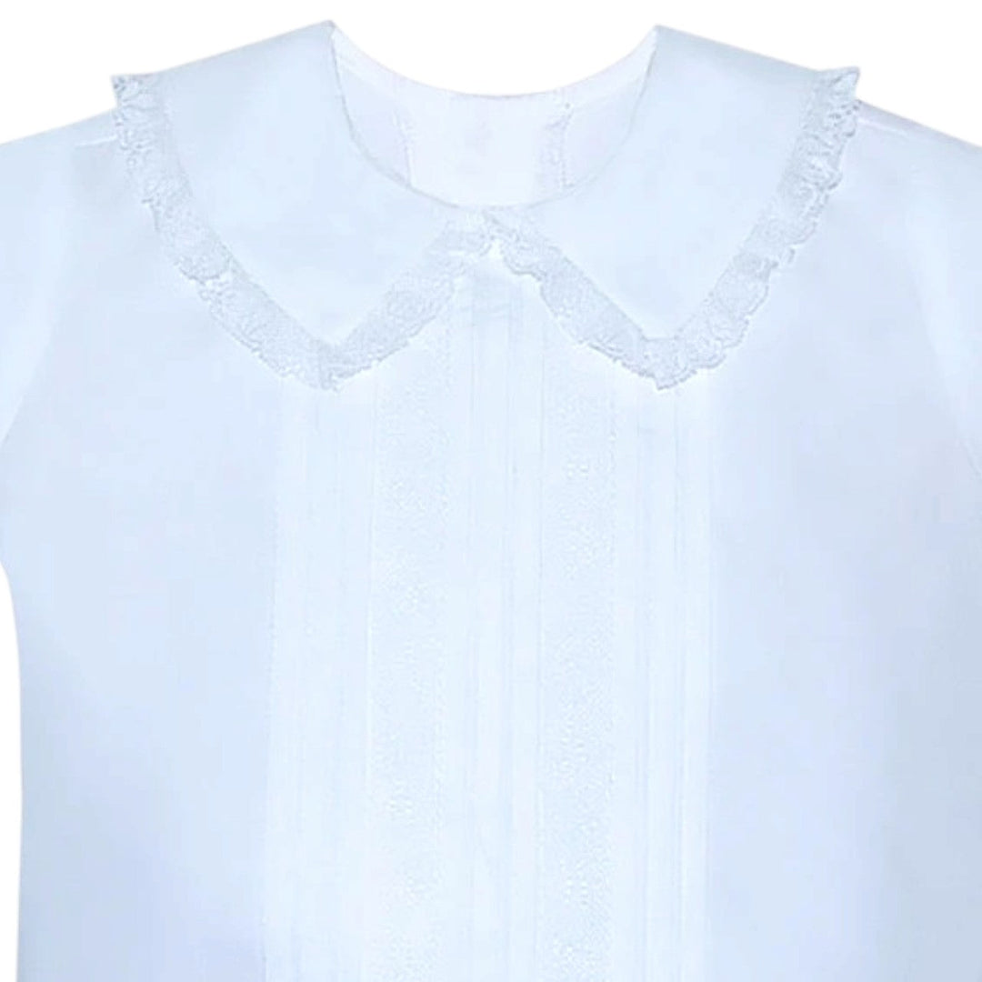 That Store Phoenix &amp; Ren boys white shirt with Peter Pan collar, blue lace trim, and pintuck details for formal wear