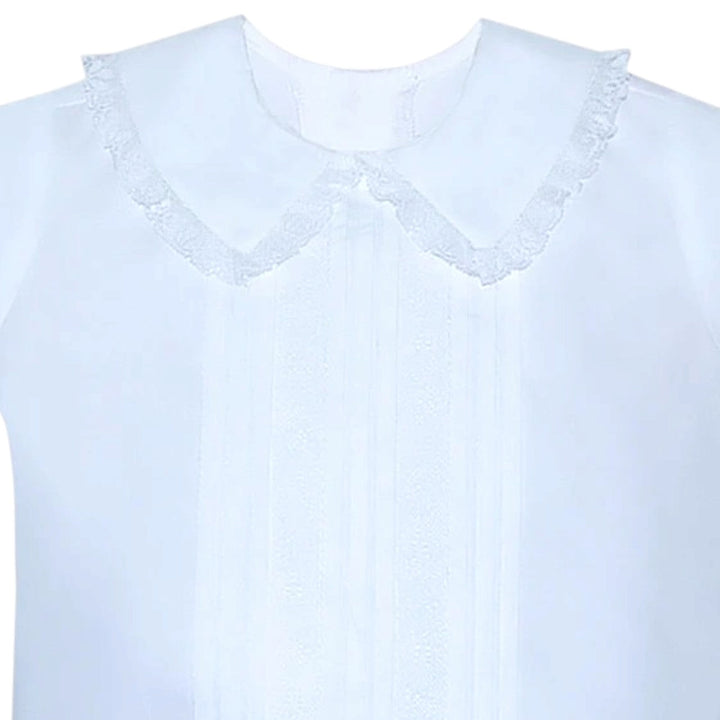 That Store Phoenix &amp; Ren boys white shirt with Peter Pan collar, blue lace trim, and pintuck details for formal wear