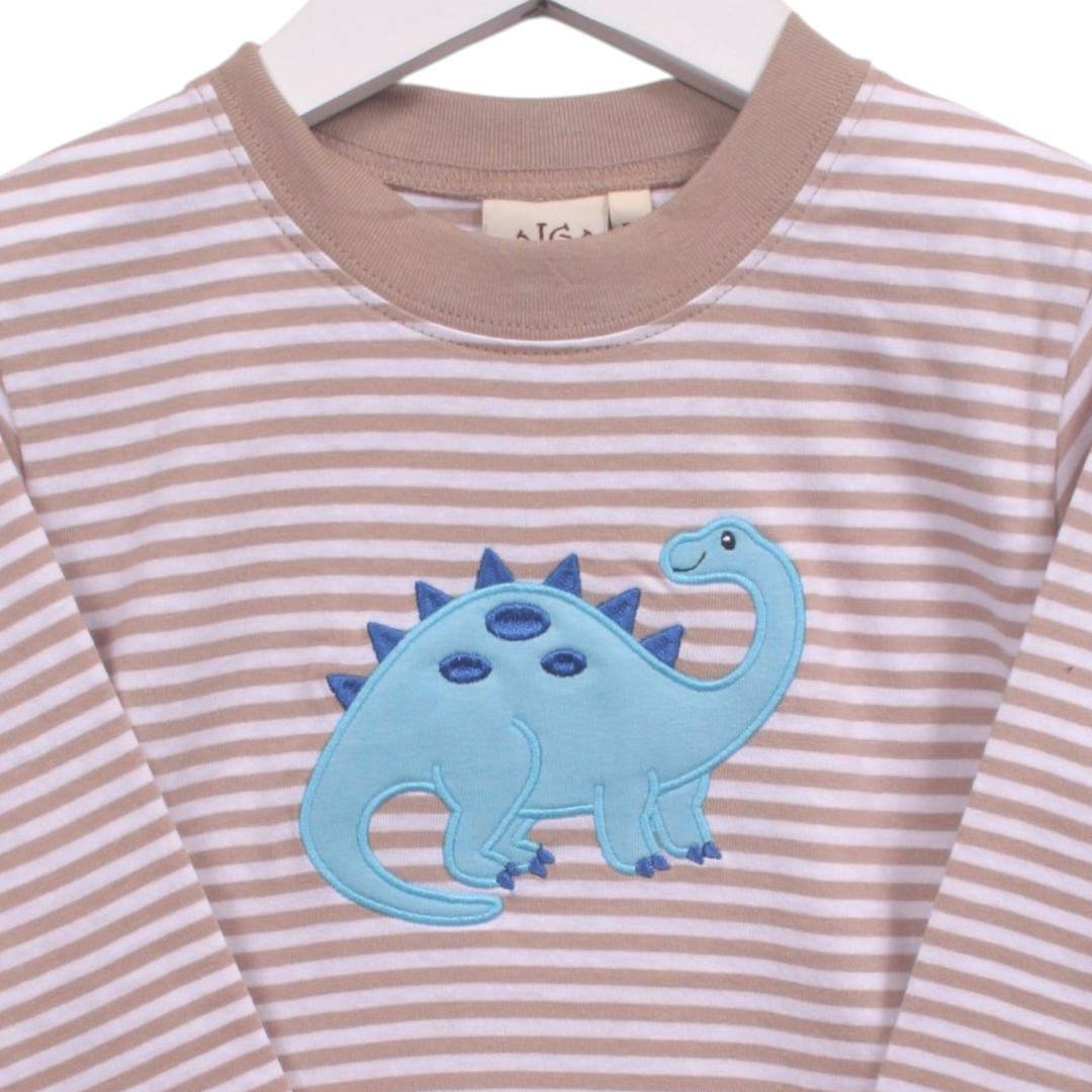 That Store boys long sleeve tee in brown and white stripes featuring a light blue brontosaurus applique