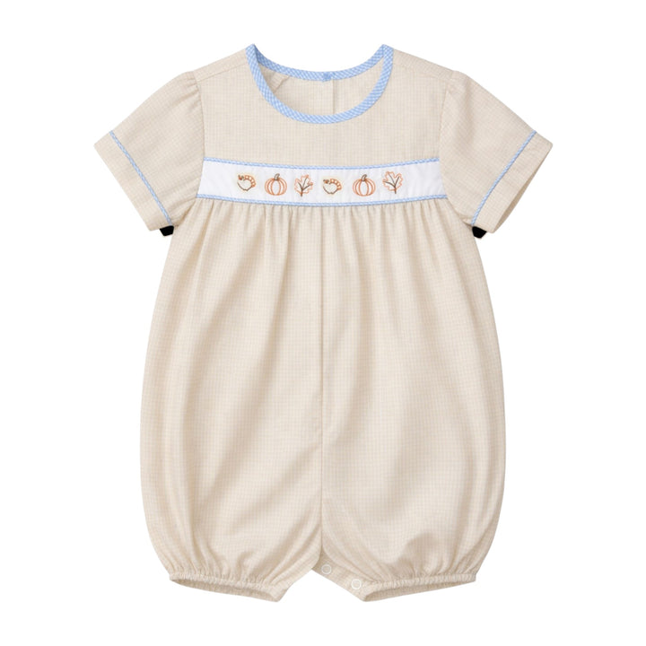 That Store boys brown gingham bubble with embroidered turkeys, pumpkins, and leaves, featuring blue trim.