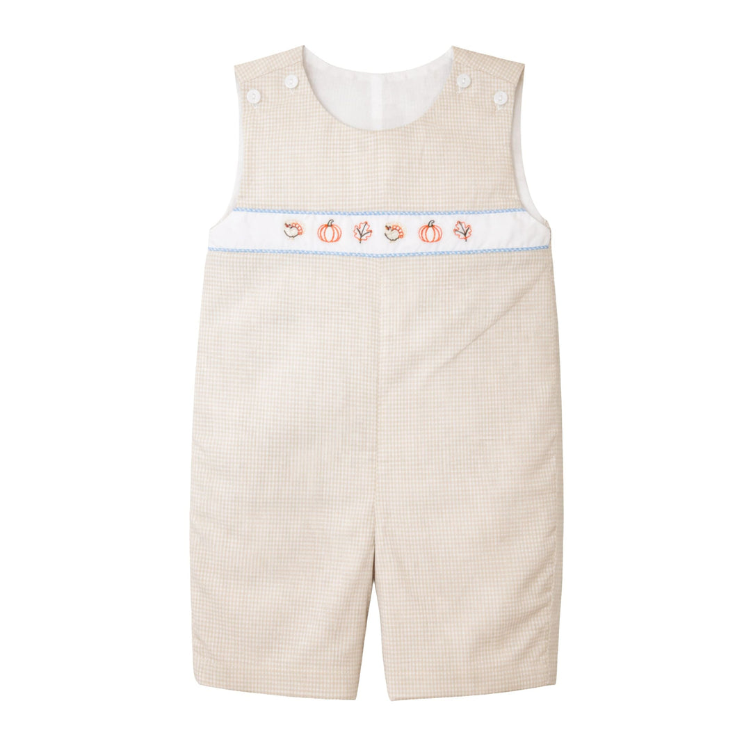 That Store boys brown gingham jon jon featuring embroidered fall pumpkins, leaves, and turkeys with button shoulders.