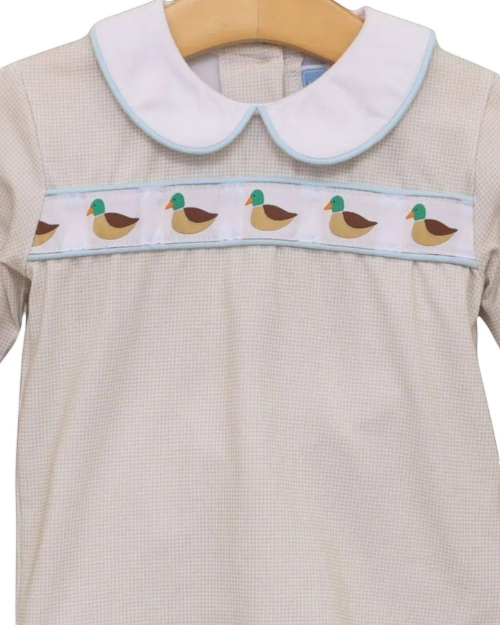 That Store boys brown gingham bloomer set with a white peter pan collar and mallard duck ribbon trim.