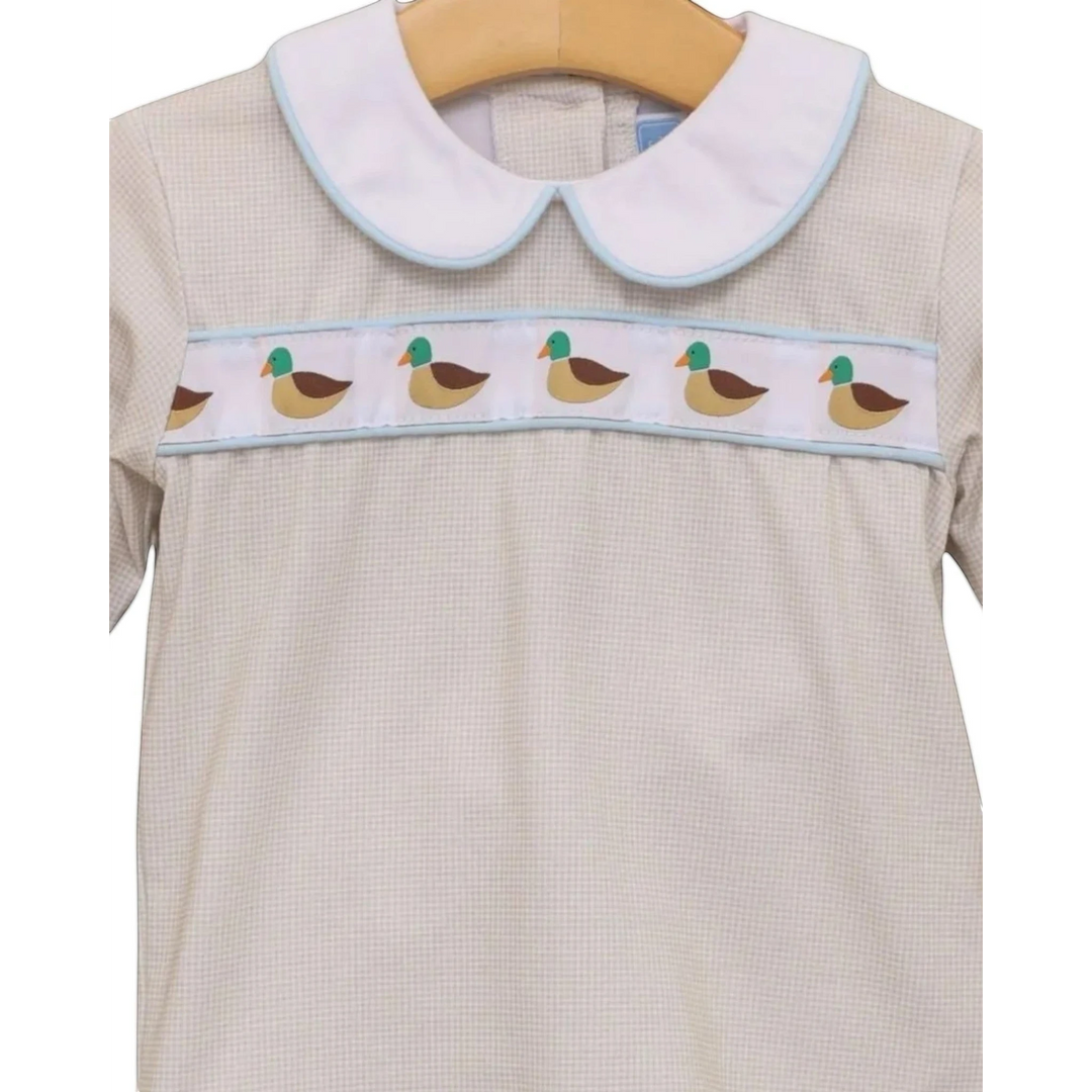 That Store boys brown gingham bloomer set with a white peter pan collar and mallard duck ribbon trim detail