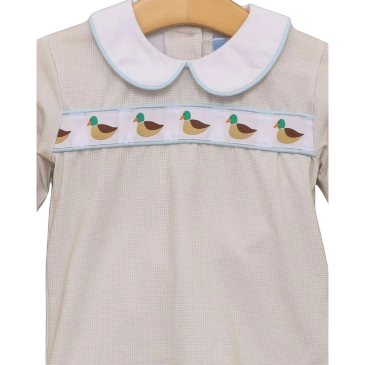 That Store boys brown gingham bloomer set with a white peter pan collar and mallard duck ribbon trim detail