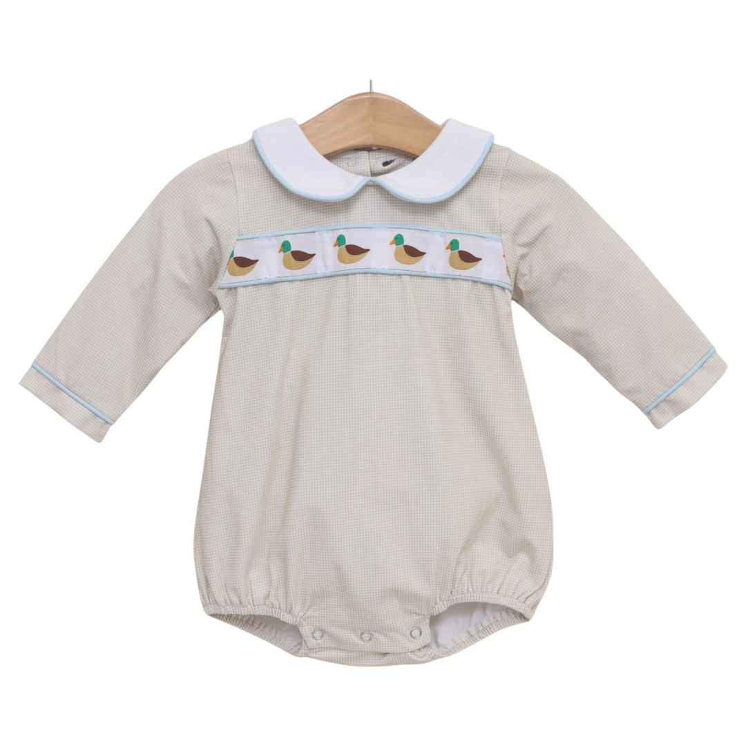 That Store brown gingham boys bubble with mallard duck ribbon trim, white peter pan collar, and long sleeves.