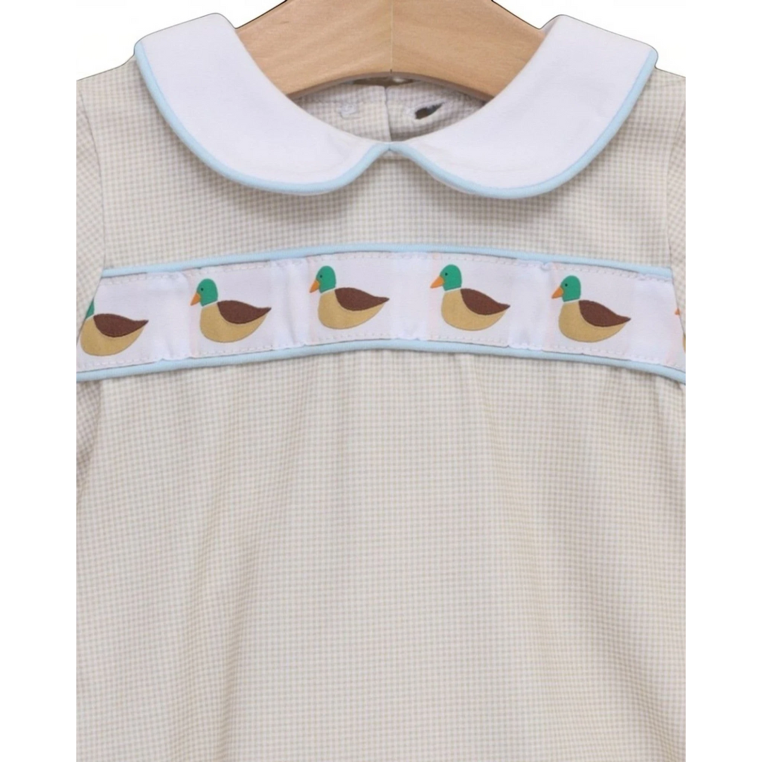 That Store brown gingham boys bubble with a white peter pan collar and mallard duck ribbon trim