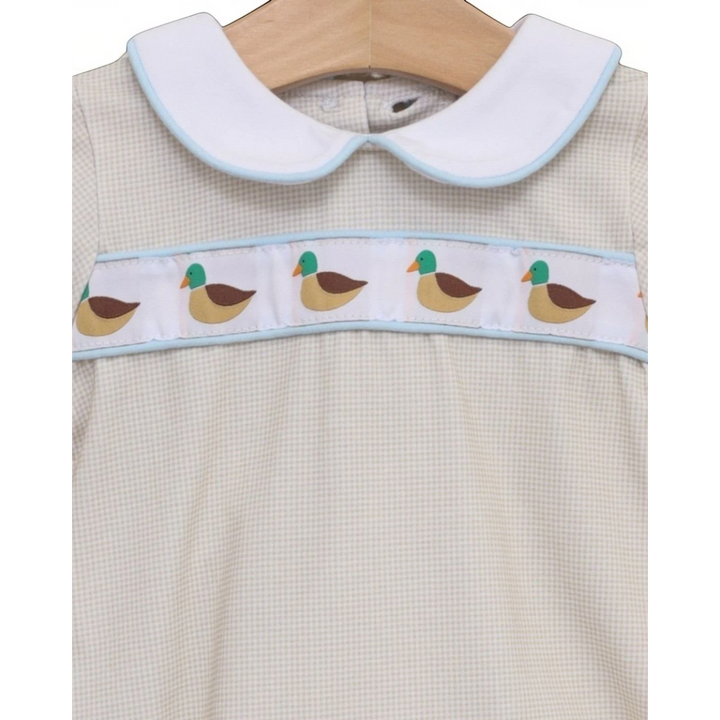 That Store brown gingham boys bubble with a white peter pan collar and mallard duck ribbon trim