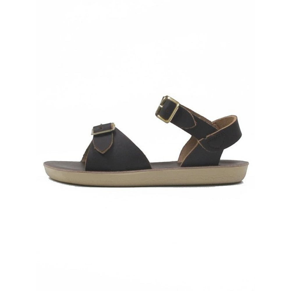 That Store brown water-friendly leather surfer sandals with two adjustable brass buckle straps and flexible outsole.