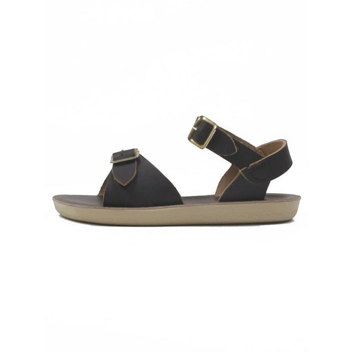 That Store brown water-friendly leather surfer sandals with two adjustable brass buckle straps and flexible outsole.