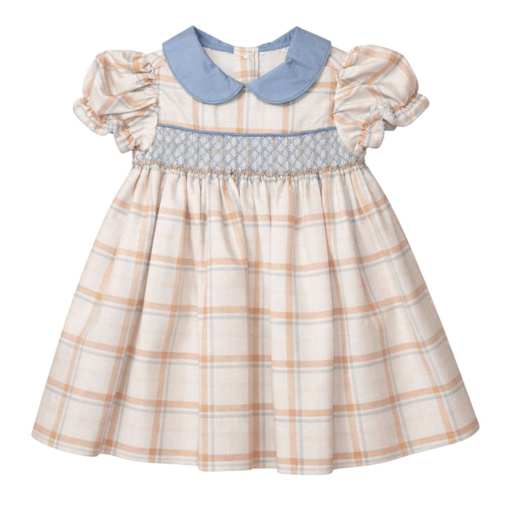 That Store brown aspen plaid dress with blue geometric smocking and a peter pan collar for girls.