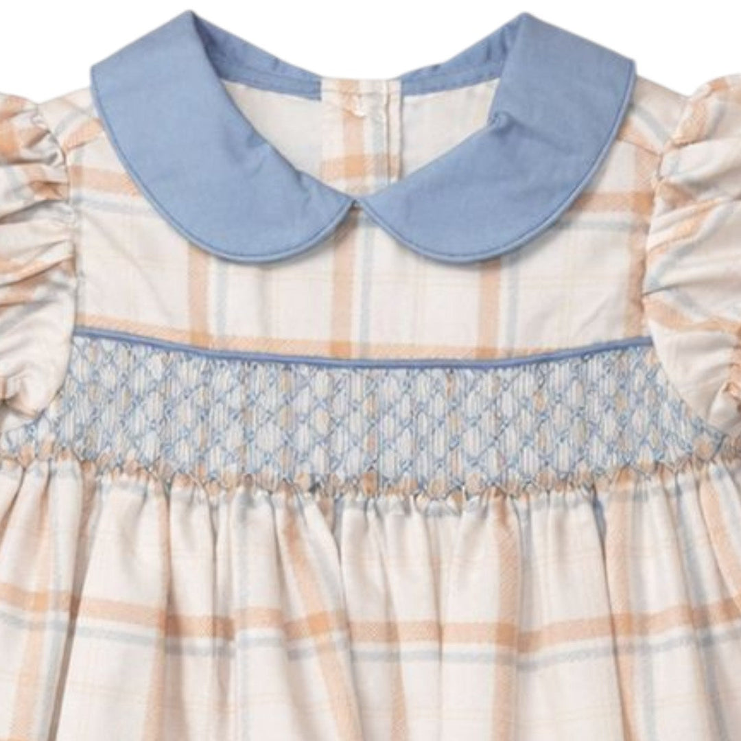 That Store girls brown aspen plaid dress with blue geometric smocking and a peter pan collar