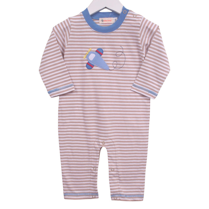 That Store boys brown stripe cotton romper with a blue airplane applique and contrast blue trim on a white hanger.