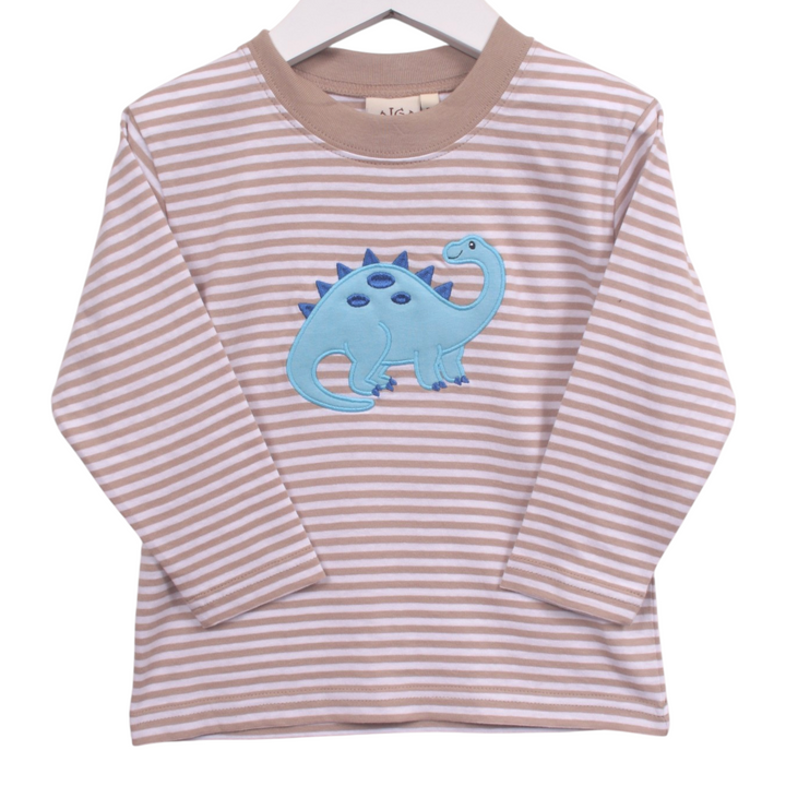 That Store boys long sleeve tee in brown and white stripes featuring a blue brontosaurus applique made of cotton.