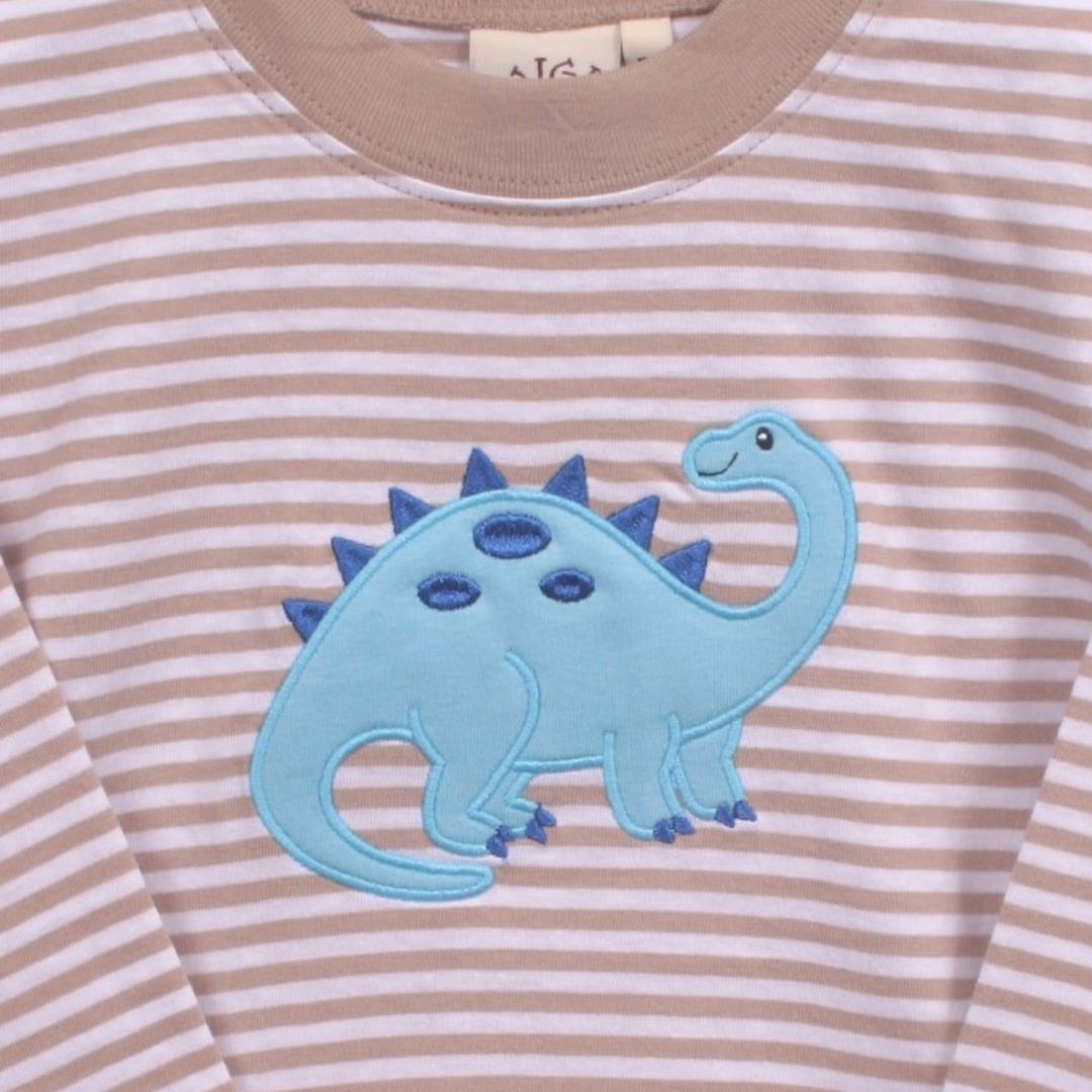 That Store boys brown striped cotton tee featuring a blue brontosaurus applique on the chest.