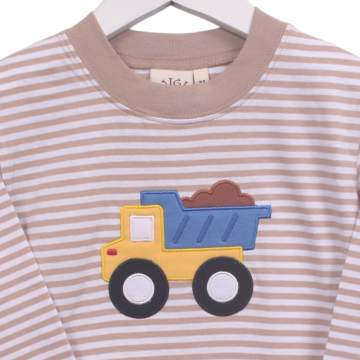 That Store boys cotton tee featuring a brown stripe pattern and a colourful dump truck applique on the chest.