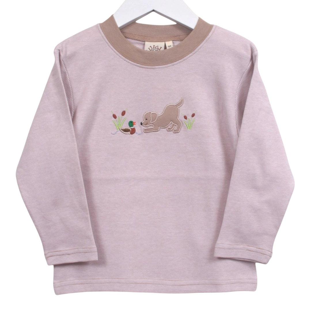 That Store brown stripe long-sleeve cotton tee featuring a playful lab and mallard duck appliqué for boys.