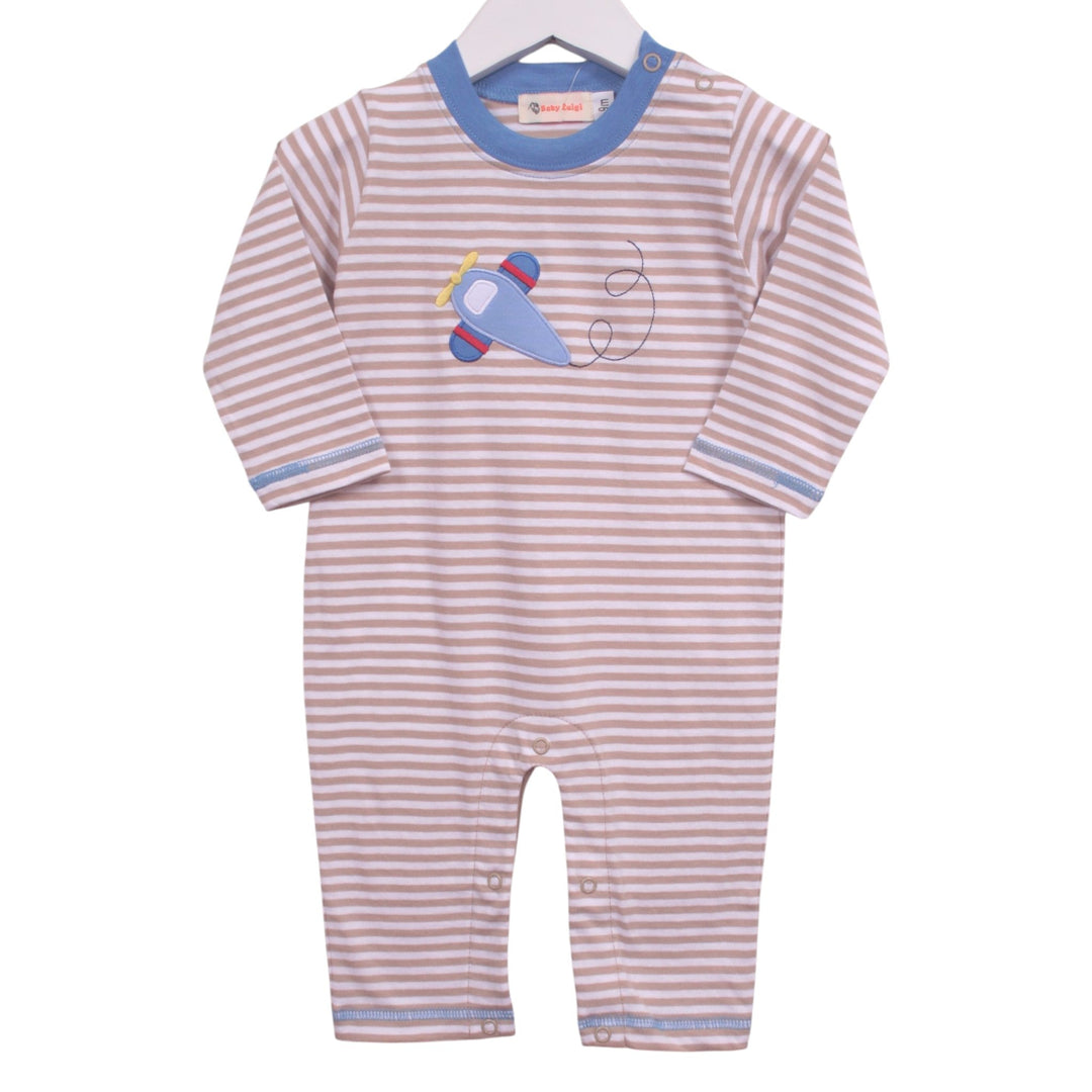 That Store brown striped cotton baby romper with blue airplane applique and snap button closure