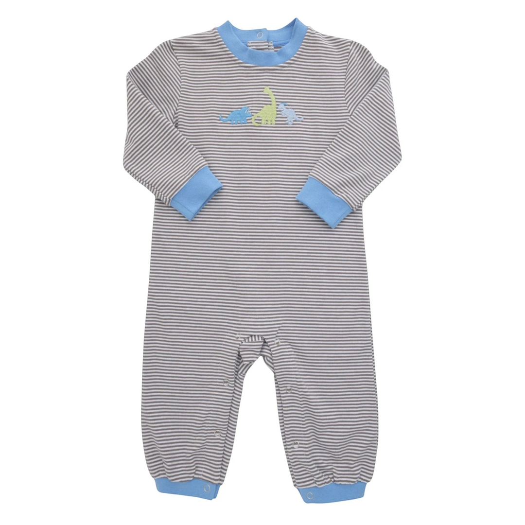 That Store brown striped baby romper with embroidered dinosaur design and blue trim details.