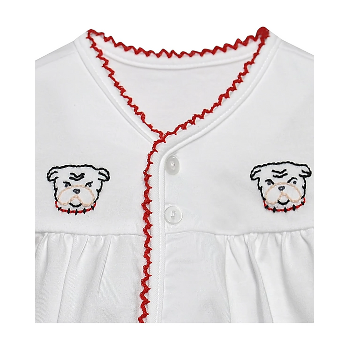 That Store white cotton baby diaper set with red ric-rac trim and embroidered bulldawg details on the bodice.
