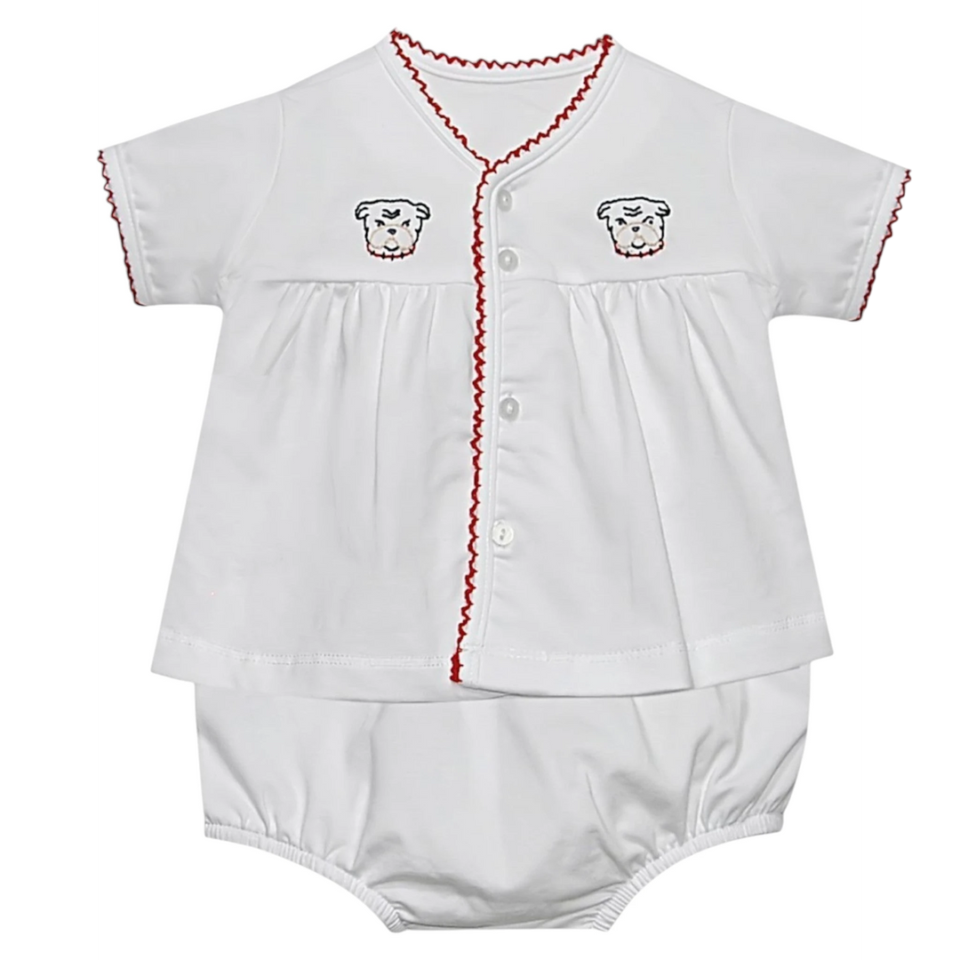 That Store Bulldawg embroidered white cotton diaper set with red trim for infants