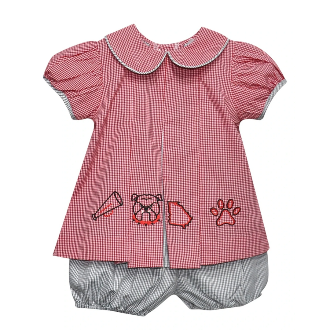 That Store toddler bloomer set with red gingham top, bulldog embroidery, and black gingham pleated bloomers.