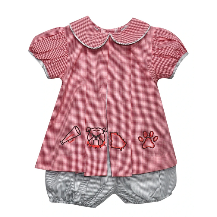 That Store toddler bloomer set with red gingham top, bulldog embroidery, and black gingham pleated bloomers.
