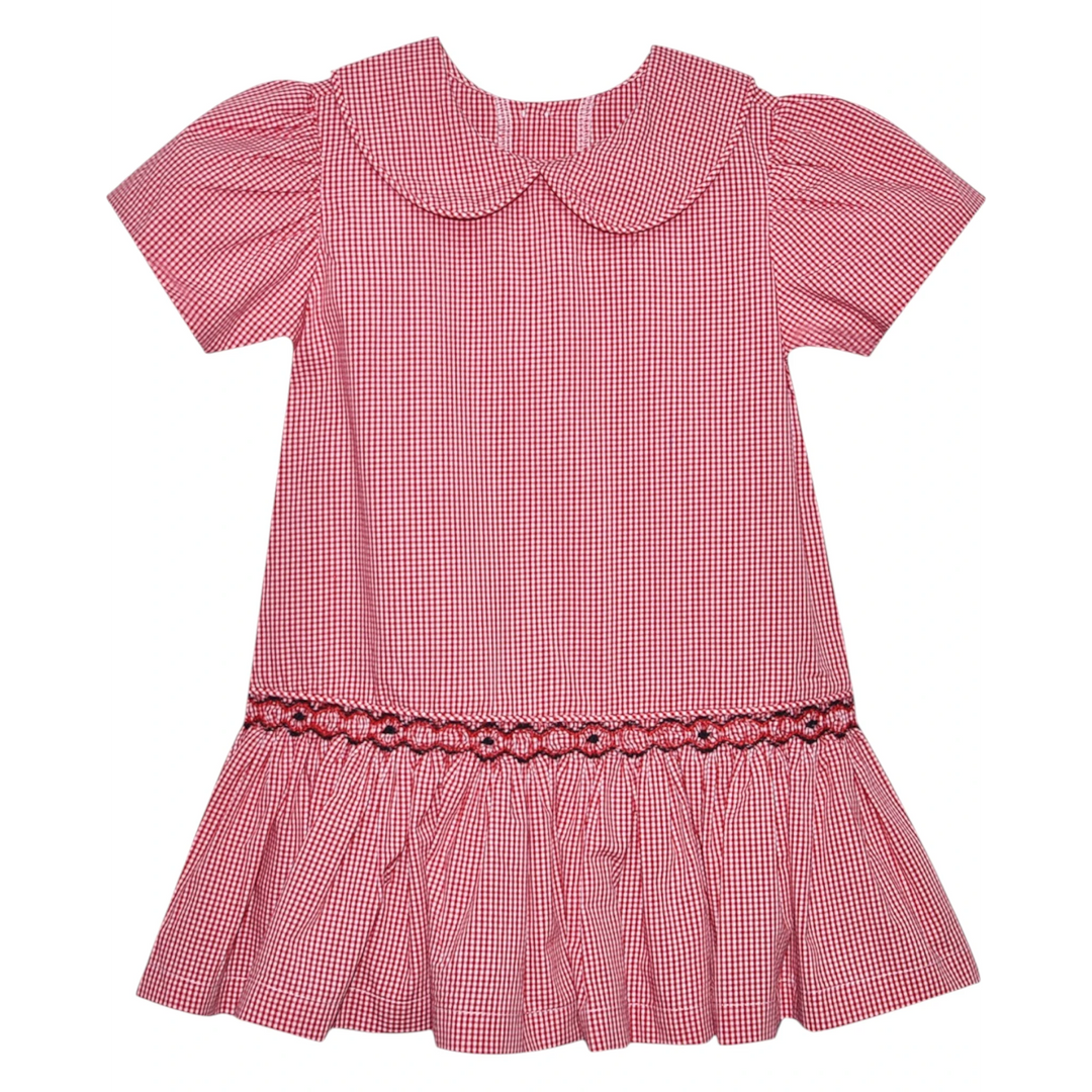 That Store Bulldawg red and white gingham drop waist dress with black and red smocking detail and peter pan collar.