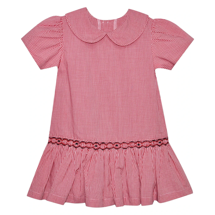 That Store Bulldawg red and white gingham drop waist dress with black and red smocking detail and peter pan collar.