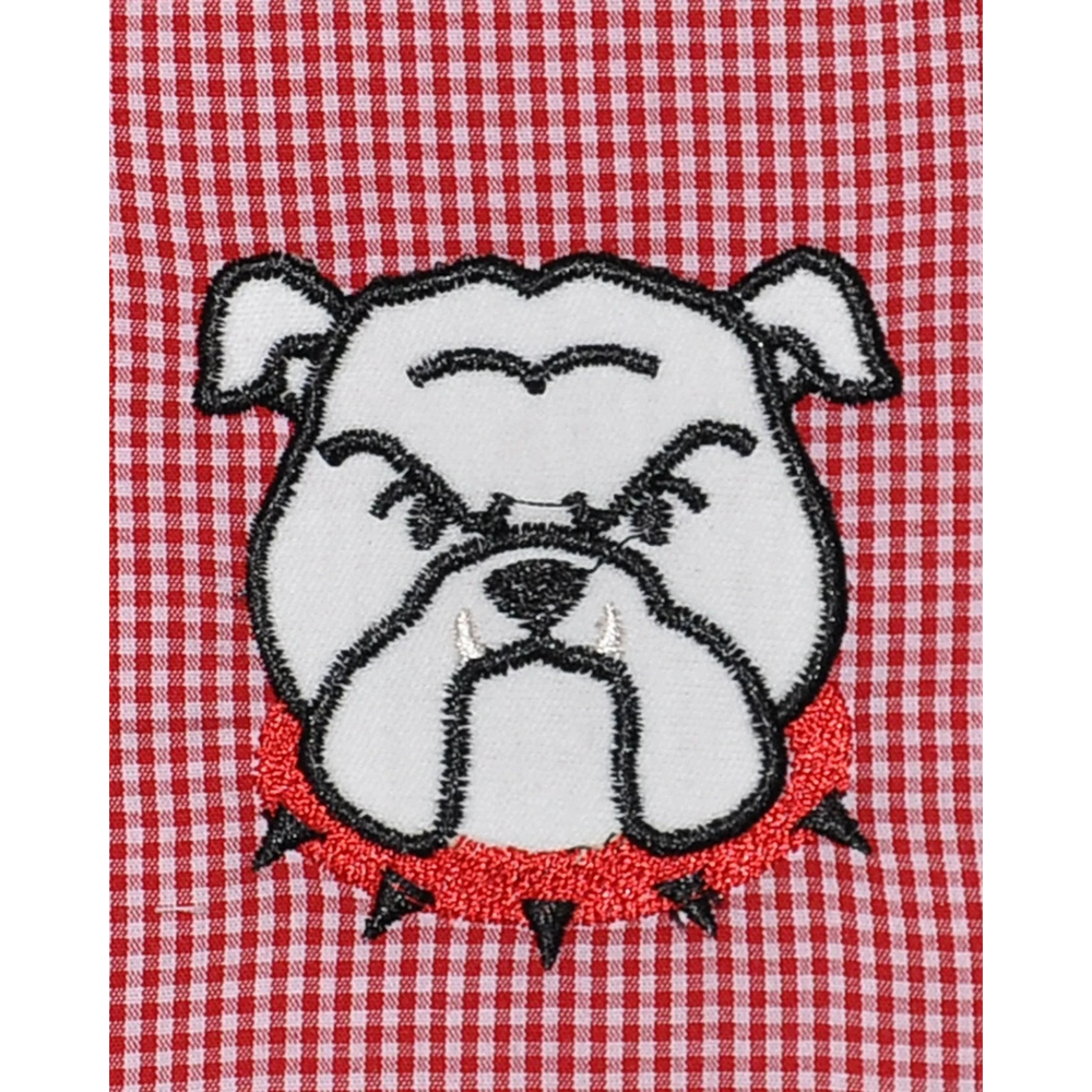 That Store boys shorts featuring a detailed bulldawg applique on red and black gingham polyester cotton fabric
