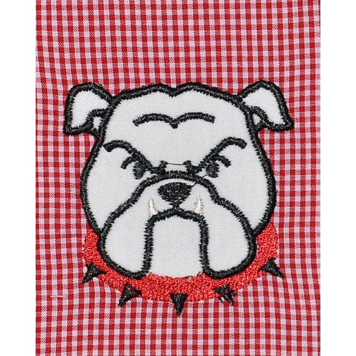 That Store boys shorts featuring a detailed bulldawg applique on red and black gingham polyester cotton fabric