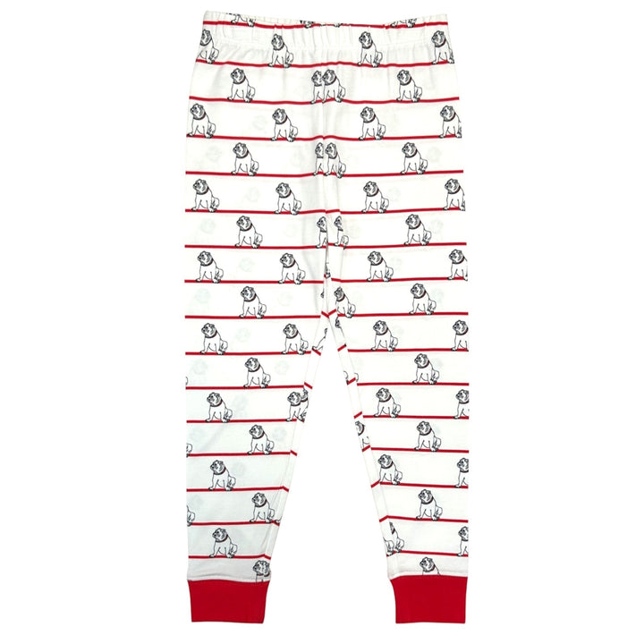That Store Bulldawg Ruffle PJ pants in white with red stripes and bulldawg print, made from soft cotton spandex.