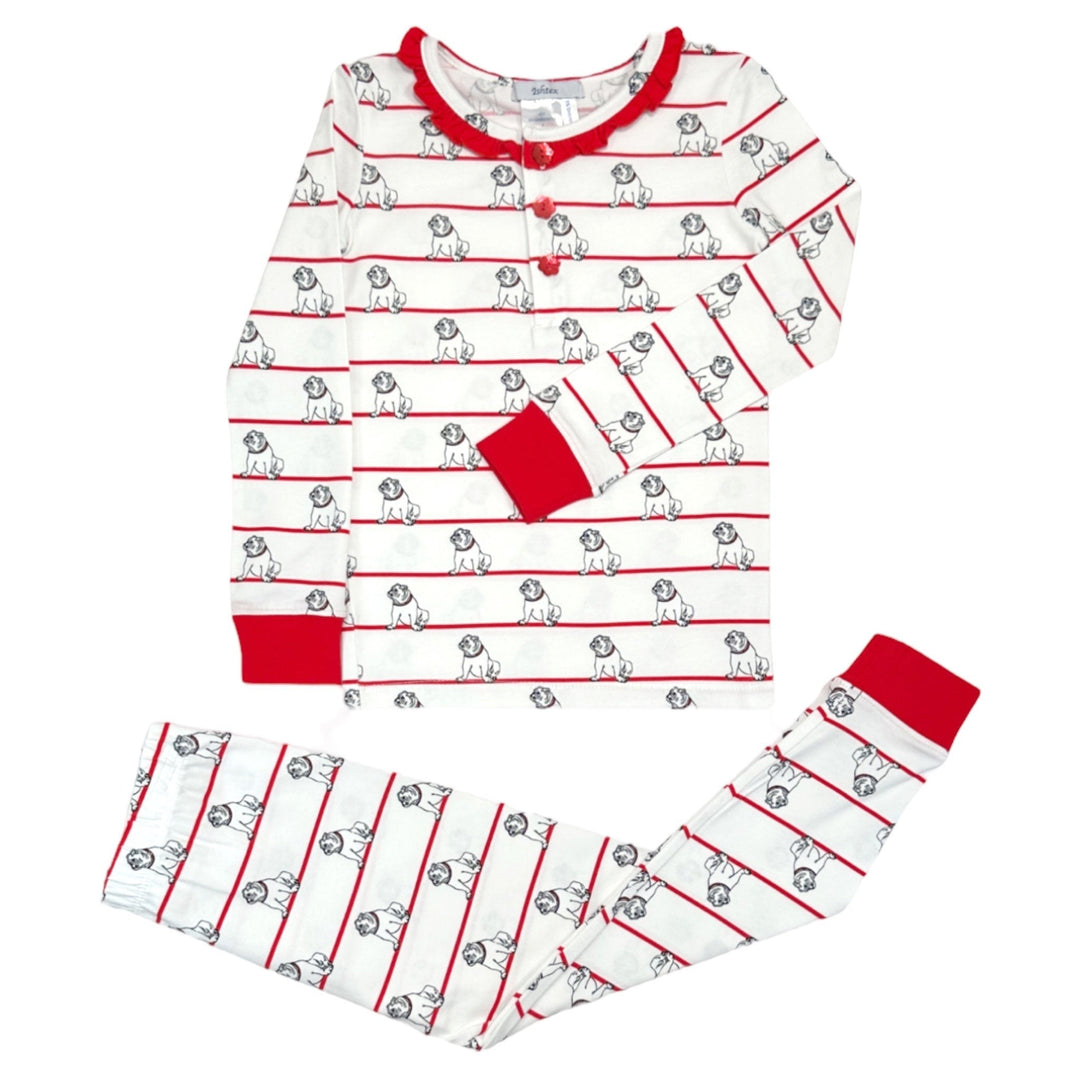 That Store Bulldawg Ruffle PJ Pant Set in white with red and black bulldog print, ruffled collar, and red trim.