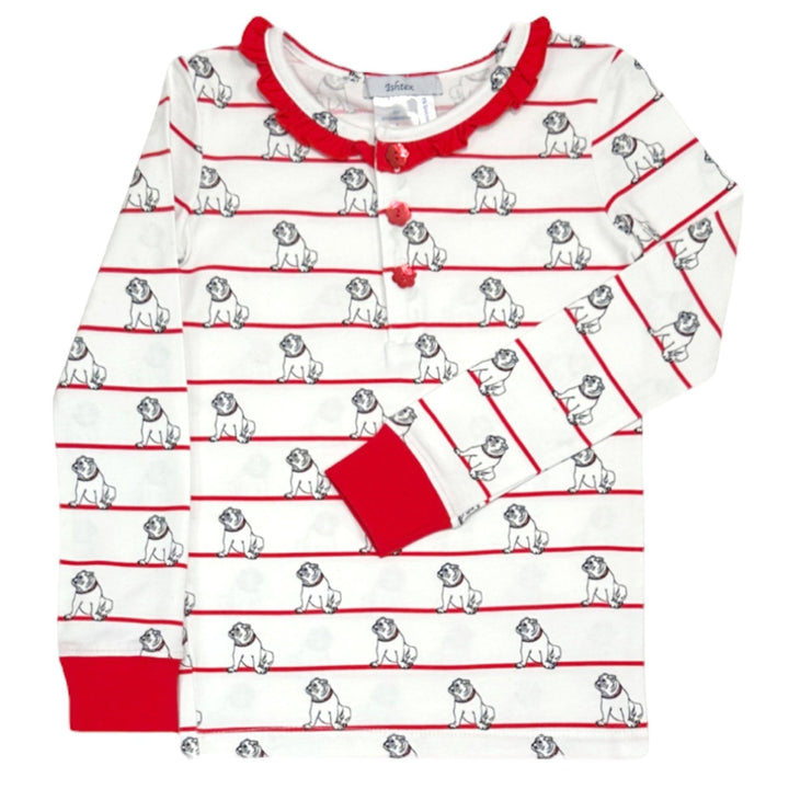 That Store Bulldawg Ruffle PJ top in white with red and black bulldog print, ruffled collar, and red button details.