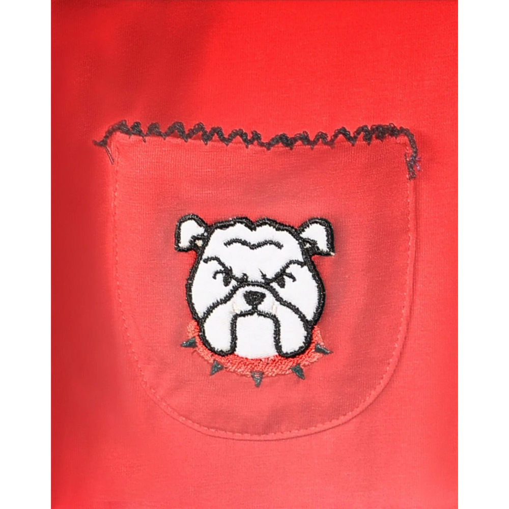 That Store red knit dress pocket featuring an embroidered white bulldog mascot with a black ruffle trim detail.