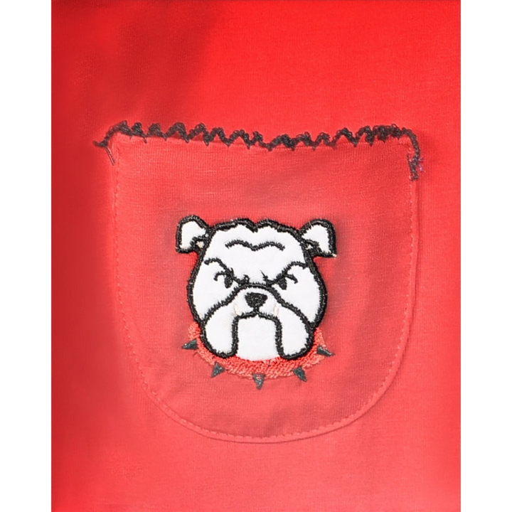 That Store red knit dress pocket featuring an embroidered white bulldog mascot with a black ruffle trim detail.