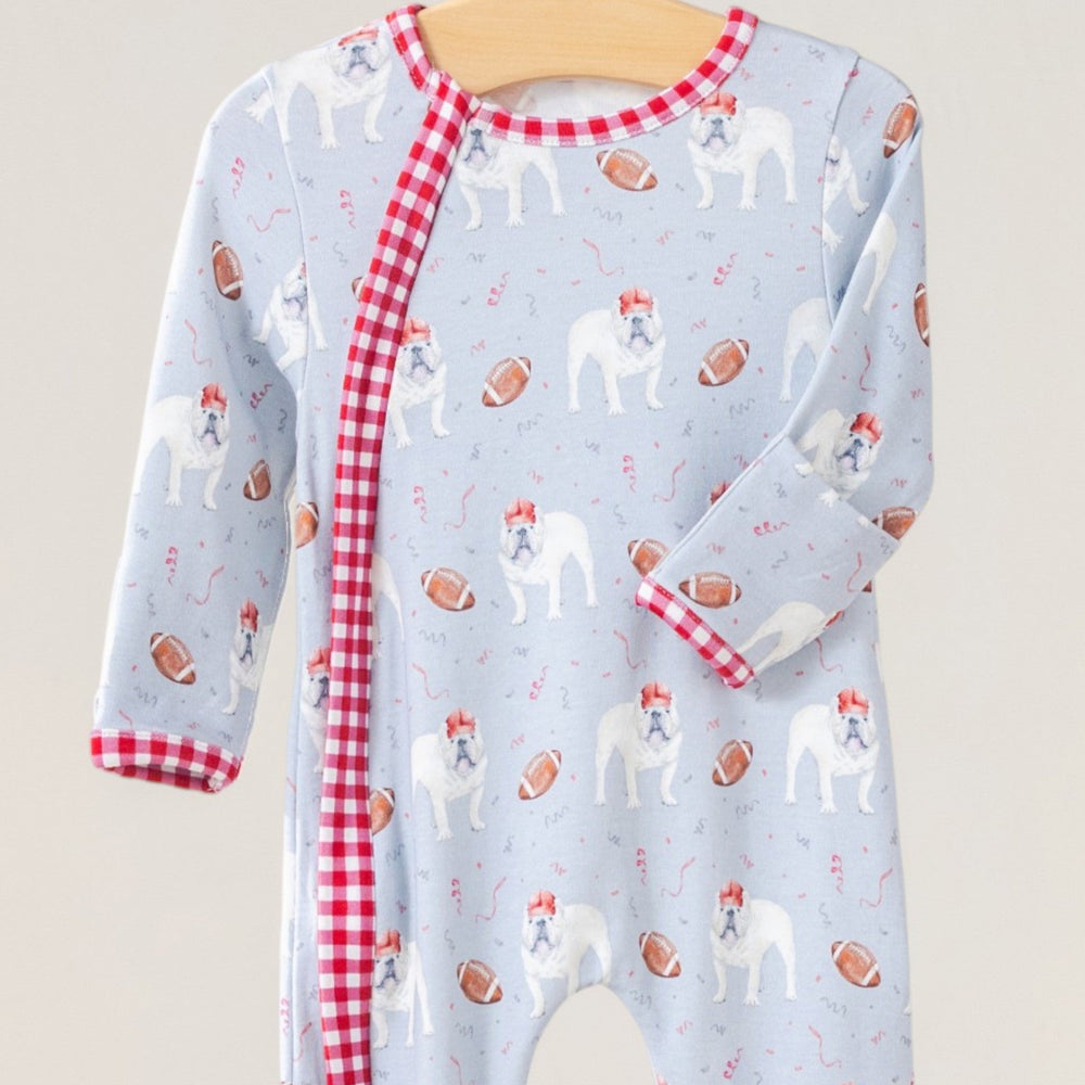 That Store organic cotton kids zip-up pajamas in light blue with bulldog and football print and red gingham trim